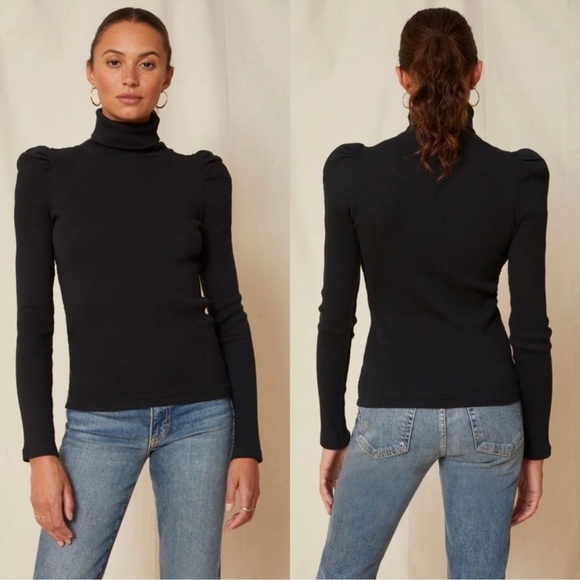 AMO Puff Sleeve Turtleneck Ribbed Long Sleeve Shirt Minimalist Black - Picture 6 of 6